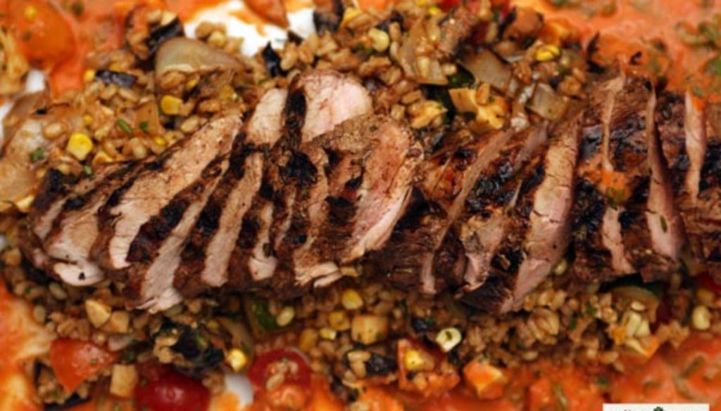 Fig Molasses Pork Tenderloin with Grilled Vegetable Barley Salad